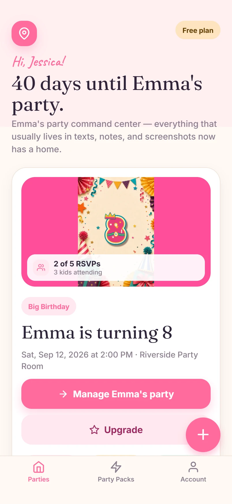 The party command center home screen with the birthday details and RSVP count