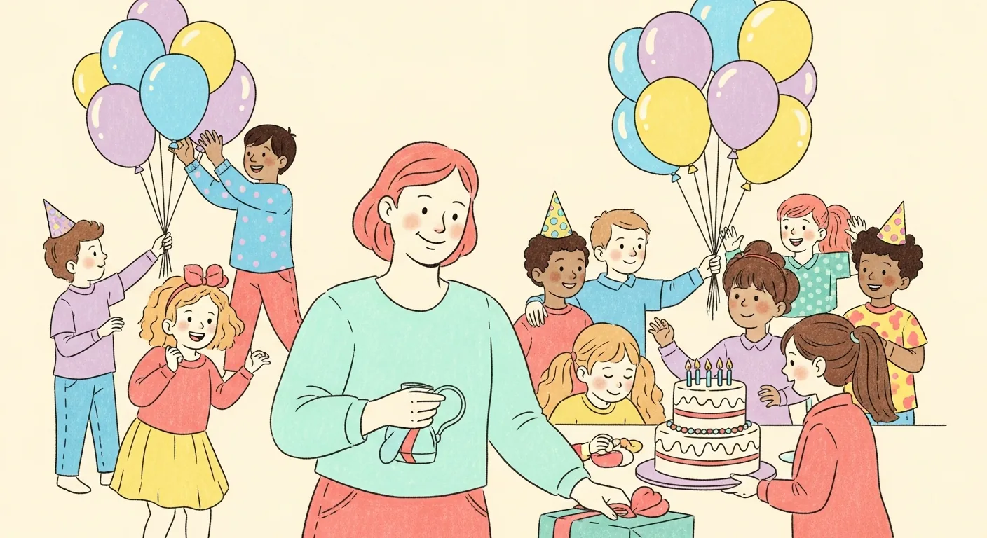 Happy mom planning a party while kids play