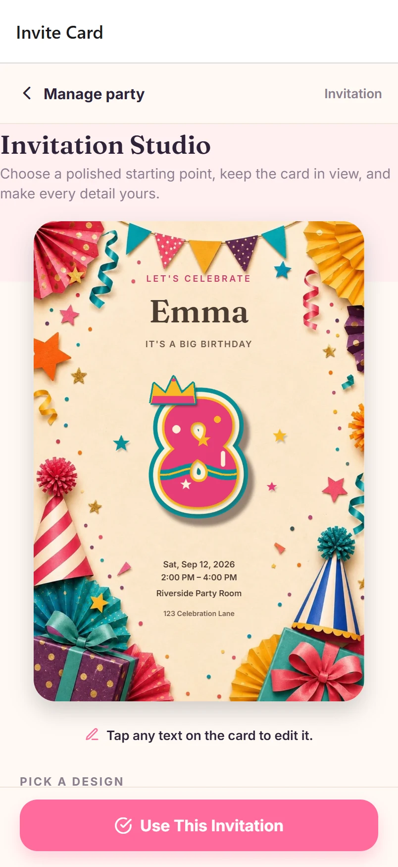 Designing a kids birthday invitation card in the app