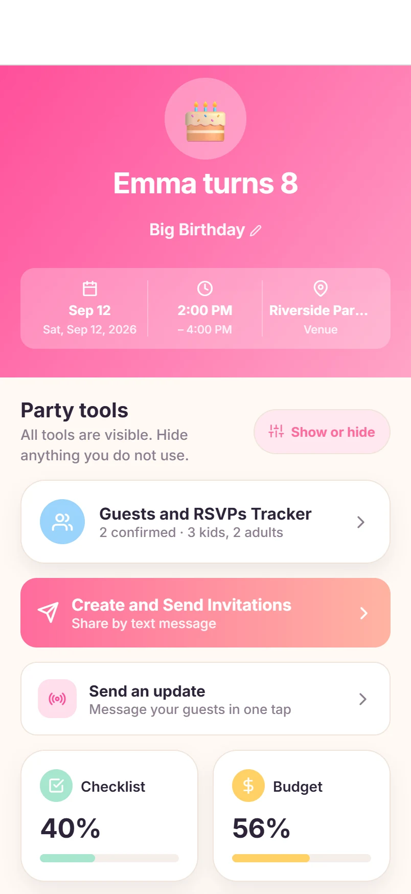 Sample iPhone party screen with a guest headcount, invitations, checklist and budget together