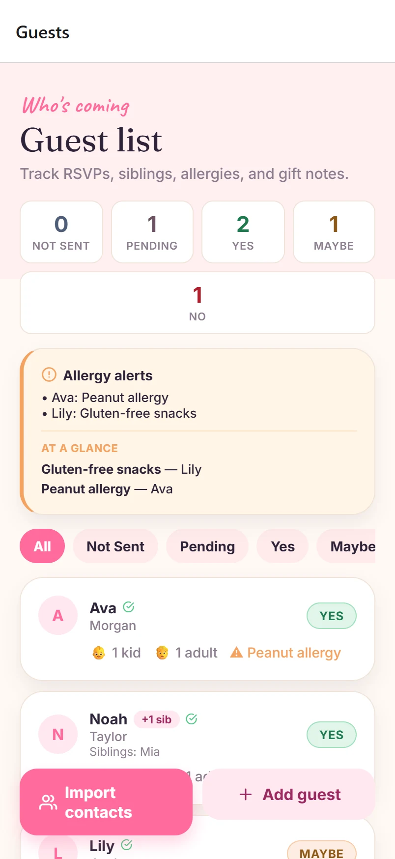 RSVP tracking with guest statuses, sibling counts, and allergy alerts